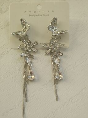 Silver Butterfly Drop Earrings with Crystal Teardrops